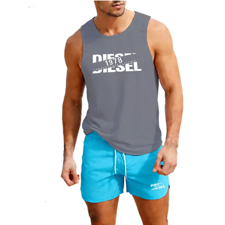 Summer Casual Trendy Tank Set Outdoor Jogging Basketball Training Sportswear European Size Vest+Beach Shorts Men&