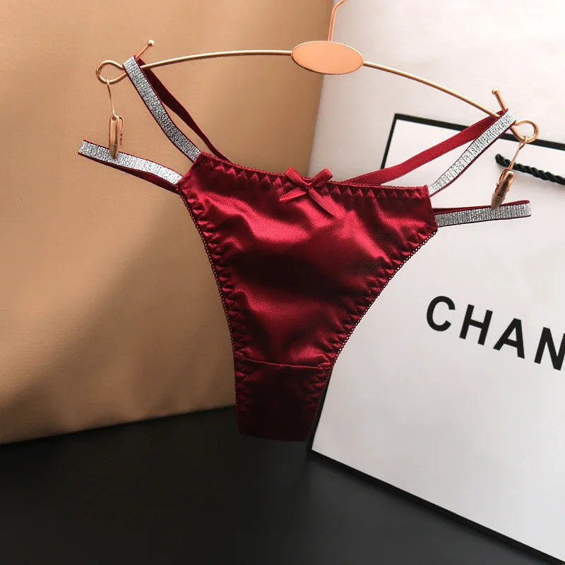 Sexy Silk Satin Thongs Hollow Out Fashion Solid Color Panties Cotton Crotch Low Waist Breathable Pure Color Women&