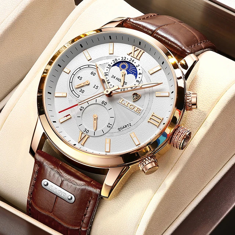 2026  Watches Mens Top Brand Luxury Clock Casual Leathe 24Hour Moon Phase Men Watch Sports Waterproof Quartz Chronograph+Box
