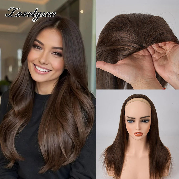 Lovelysee 3/4 Half Wig Human Hair With Clip in Hair Extensions Silky Straight Remy Hair Brown Color Soft 150% 180% Wig For Women Khamik Shop Online