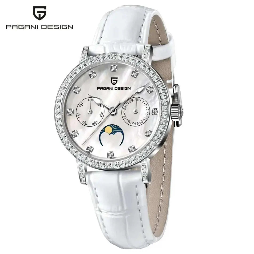 PAGANI DESIGN Women Quartz Watch Mop Dial Diamond Bezel Moon Phase Week Date Multi-function 50M Waterproof White Leather watch Khamik Shop Online