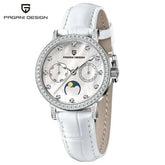 PAGANI DESIGN Women Quartz Watch Mop Dial Diamond Bezel Moon Phase Week Date Multi-function 50M Waterproof White Leather watch Khamik Shop Online