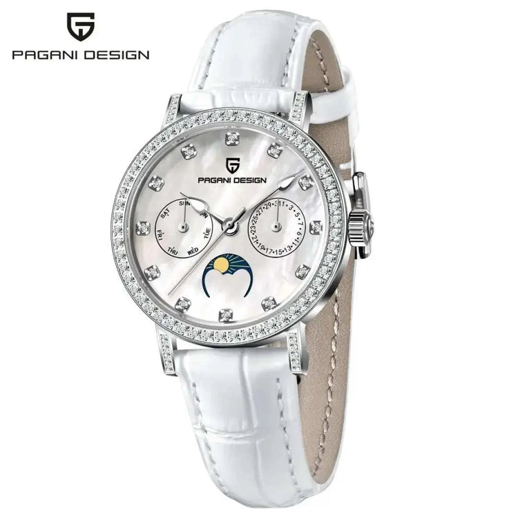 PAGANI DESIGN Women Quartz Watch Mop Dial Diamond Bezel Moon Phase Week Date Multi-function 50M Waterproof White Leather watch Khamik Shop Online