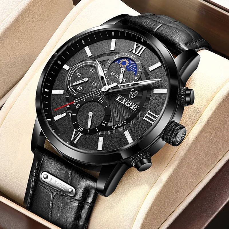 2026  Watches Mens Top Brand Luxury Clock Casual Leathe 24Hour Moon Phase Men Watch Sports Waterproof Quartz Chronograph+Box