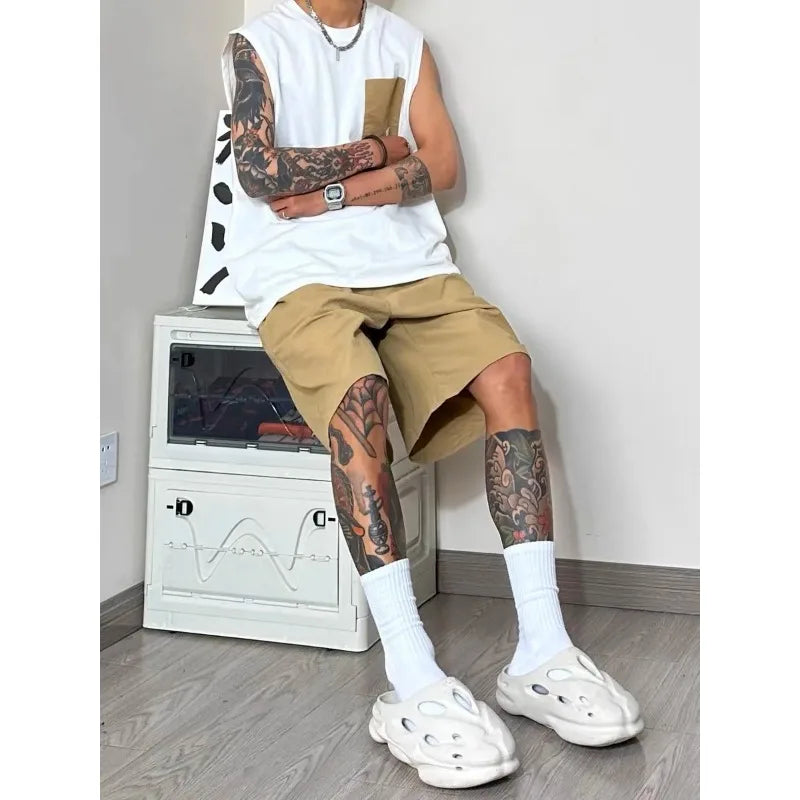 Men Patch Pocket Sleeveless Tank Top Loose Ice Silk Shorts Set Trendy Casual Summer Two Piece Outfit Khamik Shop Online