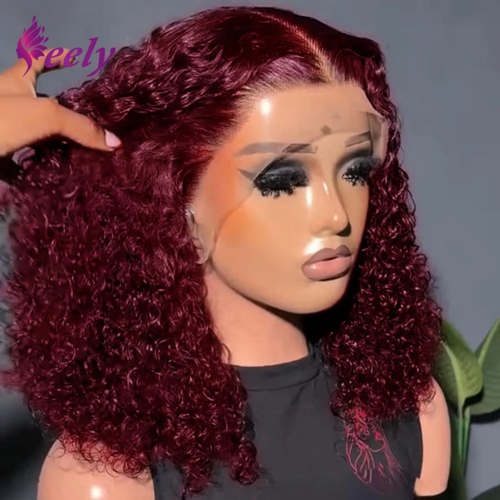 99J Burgundy Color Deep Wave Short Bob Human Hair Wigs 13x4 Lace Front Wig 10-16 Inch 100% Human Hair Curly Bob Wig 250% Density Khamik Shop Online