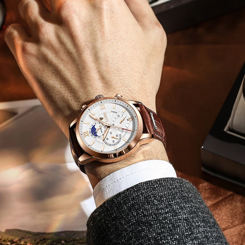 2026  Watches Mens Top Brand Luxury Clock Casual Leathe 24Hour Moon Phase Men Watch Sports Waterproof Quartz Chronograph+Box