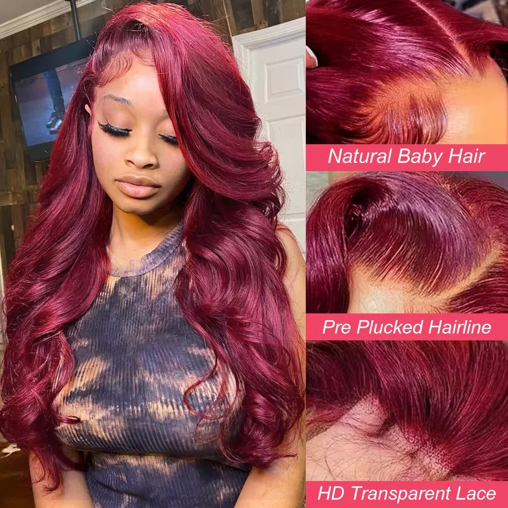 99J Dark Burgundy Colored Body Wave With Bangs Human Hair Wig 13x6 Lace Frontal Wig 13X6 Red Lace Front Human Hair Wigs 13X4 Burgundy 99J Lace Front Wigs Pre Plucked Black Women Khamik Shop Online