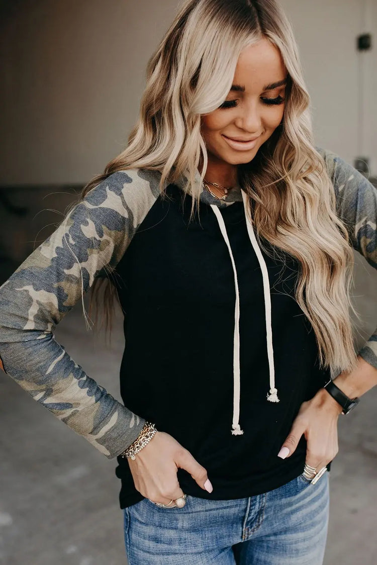 Camo Print Patchwork Hoodie Jade
