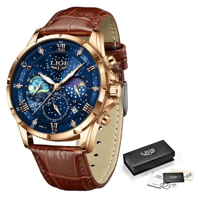 2024  Men'S Watch Luxury Waterproof Male Clock Moon Phase Date Casual Blue Leather Quartz Chronograph Men'S Wristwatch Reloj