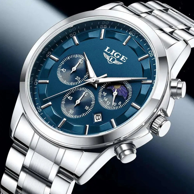 LIGE Luxury Fashion Quartz Man Watch Classic Business Auto Date Gentlemen Steel Band Moon Phase Waterproof Watches for Men Male Khamik Shop Online