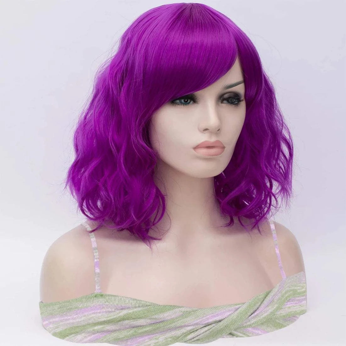Short Purple Wavy Synthetic Wig With Side Bangs for Women Daily Cosplay Party Wear Khamik Shop Online