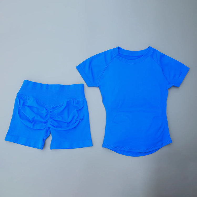 AURA SHARK 2 Piece Yoga Set Women Seamless Short Sleeve T Shirt High Waist Shorts Fitness Workout Clothes Gym Suit Activewear Khamik Shop Online