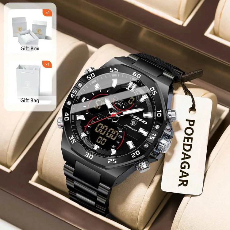 POEDAGAR Sport Men Watch LED Waterproof Week Date Digital Wristwatch Stainless Steel Quartz Military Men&