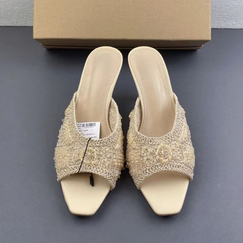 2026 Summer Sandals Weave Pearl Mule Heels for Women Nude Square Toe High Heel Sandal Elegant Backless Fashion Stiletto Footwear Khamik Shop Online