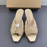 2026 Summer Sandals Weave Pearl Mule Heels for Women Nude Square Toe High Heel Sandal Elegant Backless Fashion Stiletto Footwear Khamik Shop Online