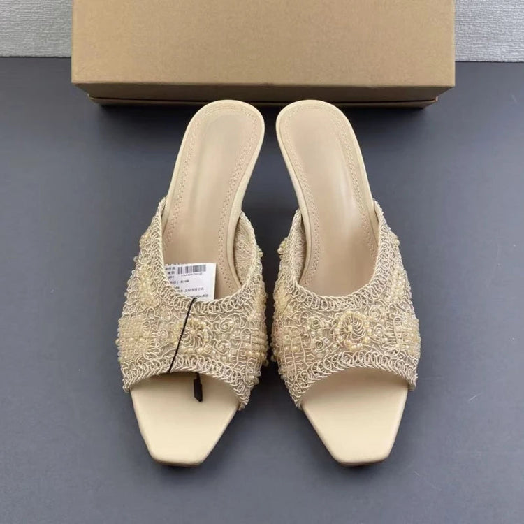 2026 Summer Sandals Weave Pearl Mule Heels for Women Nude Square Toe High Heel Sandal Elegant Backless Fashion Stiletto Footwear Khamik Shop Online