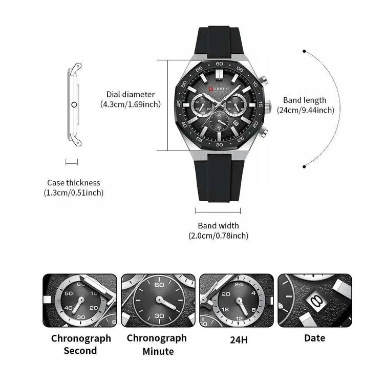 CURREN Fashion Casual Men Sports Watch Chronograph Silicone Belt Auto Date Dial Quartz Wristwatch Male Reloj Relogio Masculino Khamik Shop Online