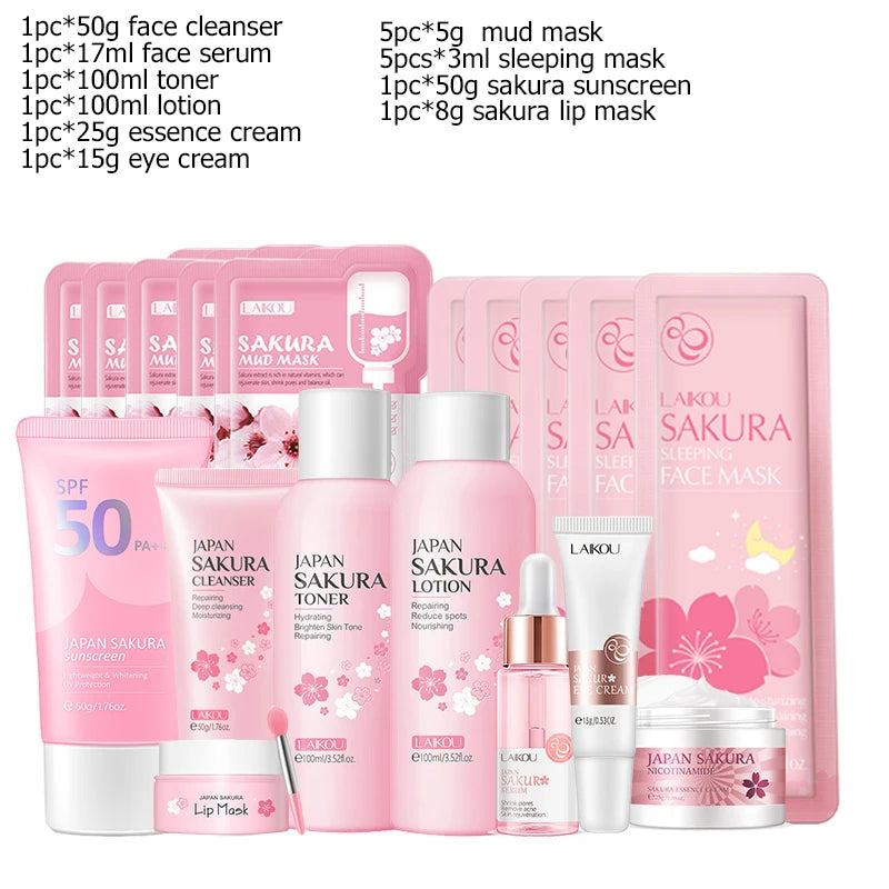 Japan Sakura Facial Cleaner Korean Face Serum Exfoliating Peeling Gel Moisturize Toner Eye Cream Sunscreen Cosmetic SkinCare Set Khamik Shop Online