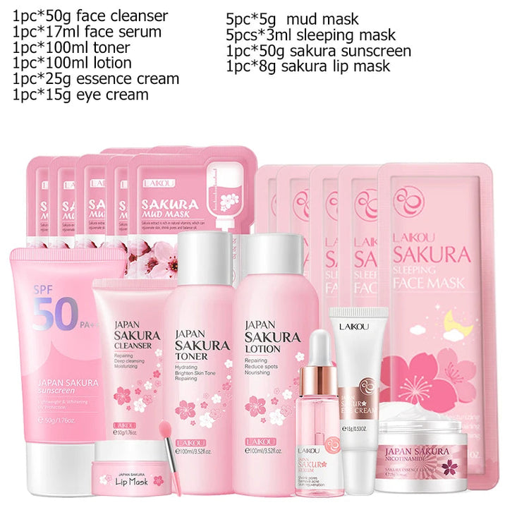 Japan Sakura Facial Cleaner Korean Face Serum Exfoliating Peeling Gel Moisturize Toner Eye Cream Sunscreen Cosmetic SkinCare Set Khamik Shop Online