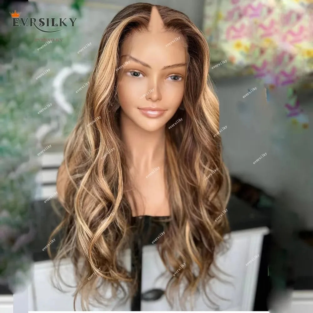 Highlights Honey Blonde Loose Wave V Part Wig 100% Human Hair Wig Ombre Chestnut Brown Body Wavy Cheap Full U Shape End 250% Khamik Shop Online