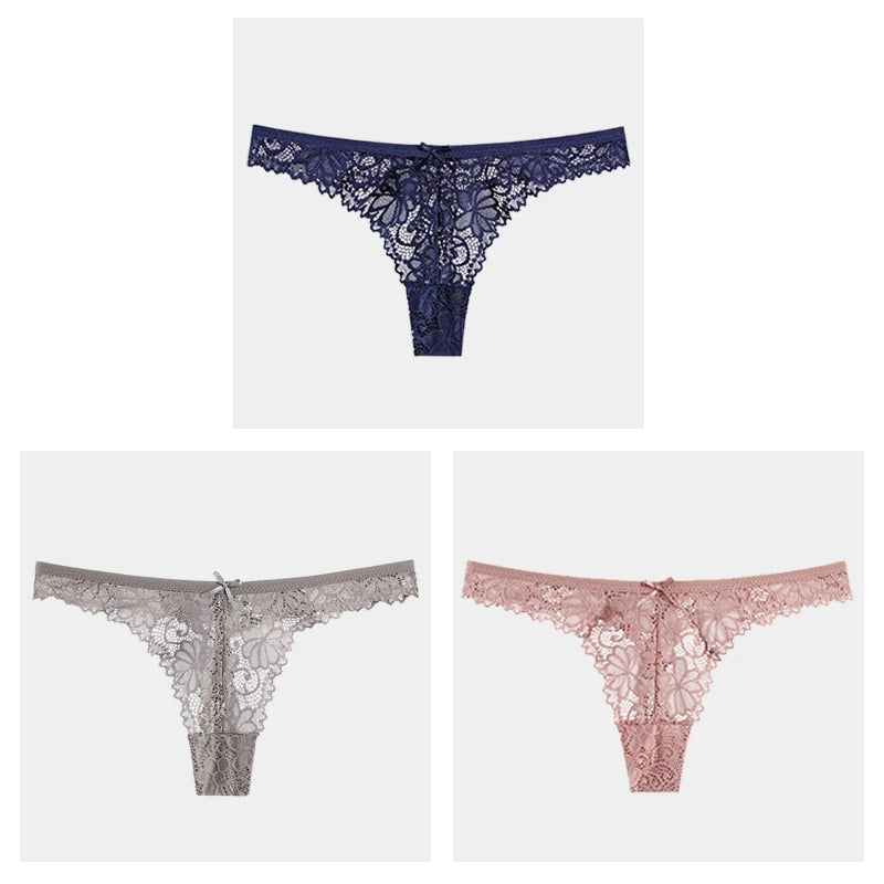 3Pcs/Lot Sexy Lace Thong Low Waist Lace Transparent Panties Women Hollow Out Breathable G String Briefs Bow Underwear Lingerie