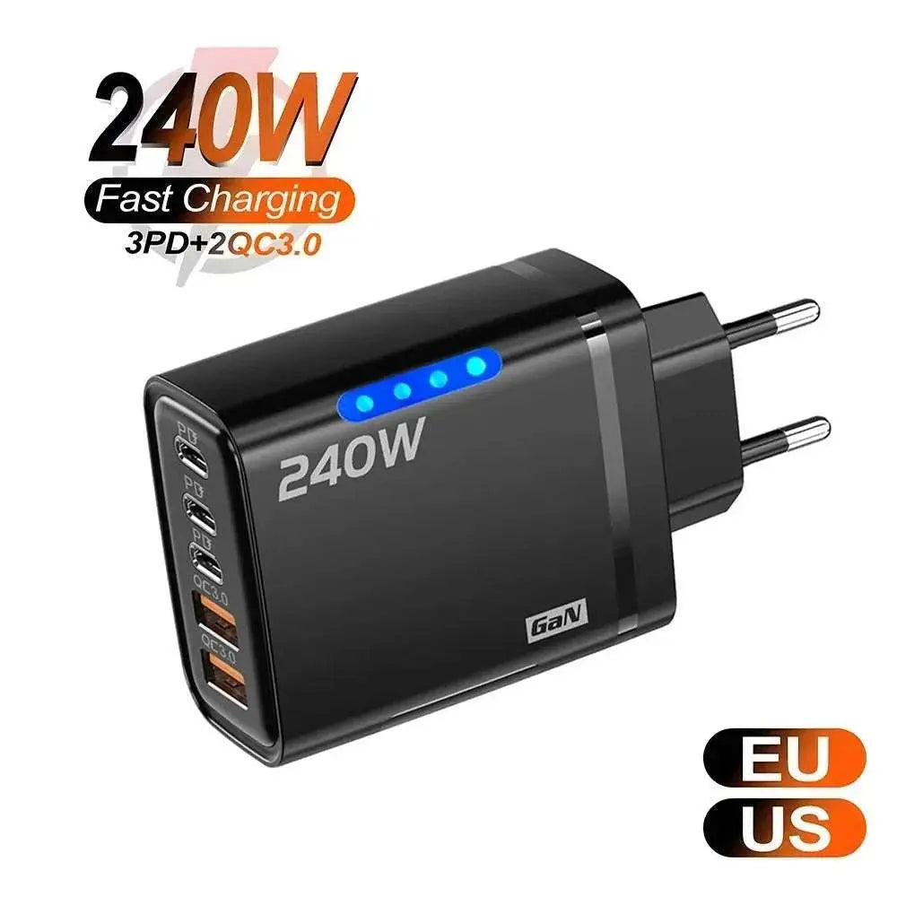 240W GaN USB C Charger 5 in 1 Fast Charging Phone Charger Power Adapter For iPhone Samsung Xiaomi Type C EU/US Plug Wall Charger Khamik Shop Online