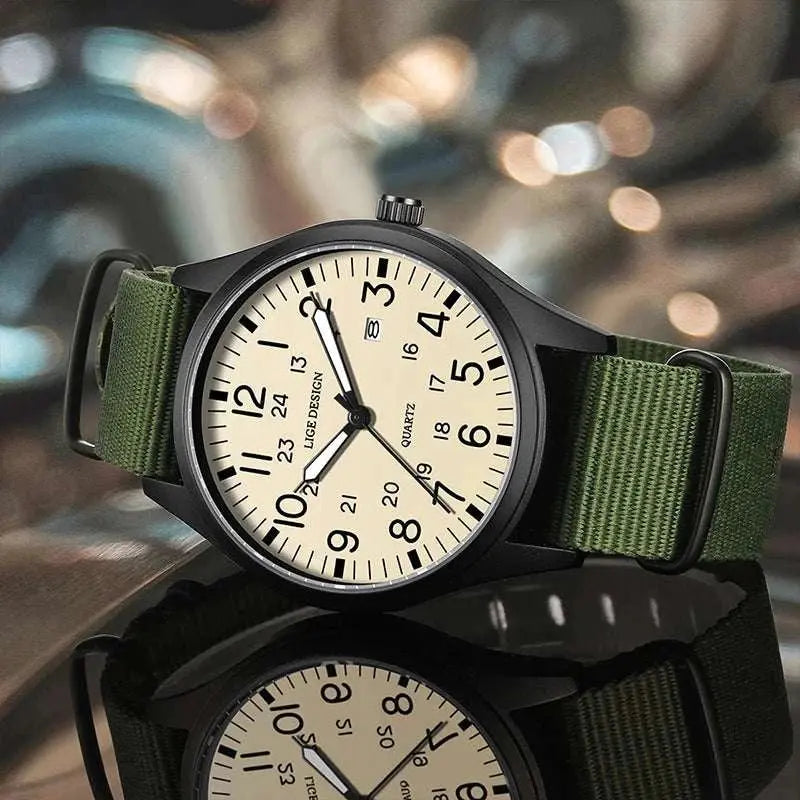 LIGE 2025 TOP NEW quartz wristwatch Arabic Watch for Men Luminous Green Nylon Luxury Leather Wrist Men Watch Montre Homme+BOX Khamik Shop Online