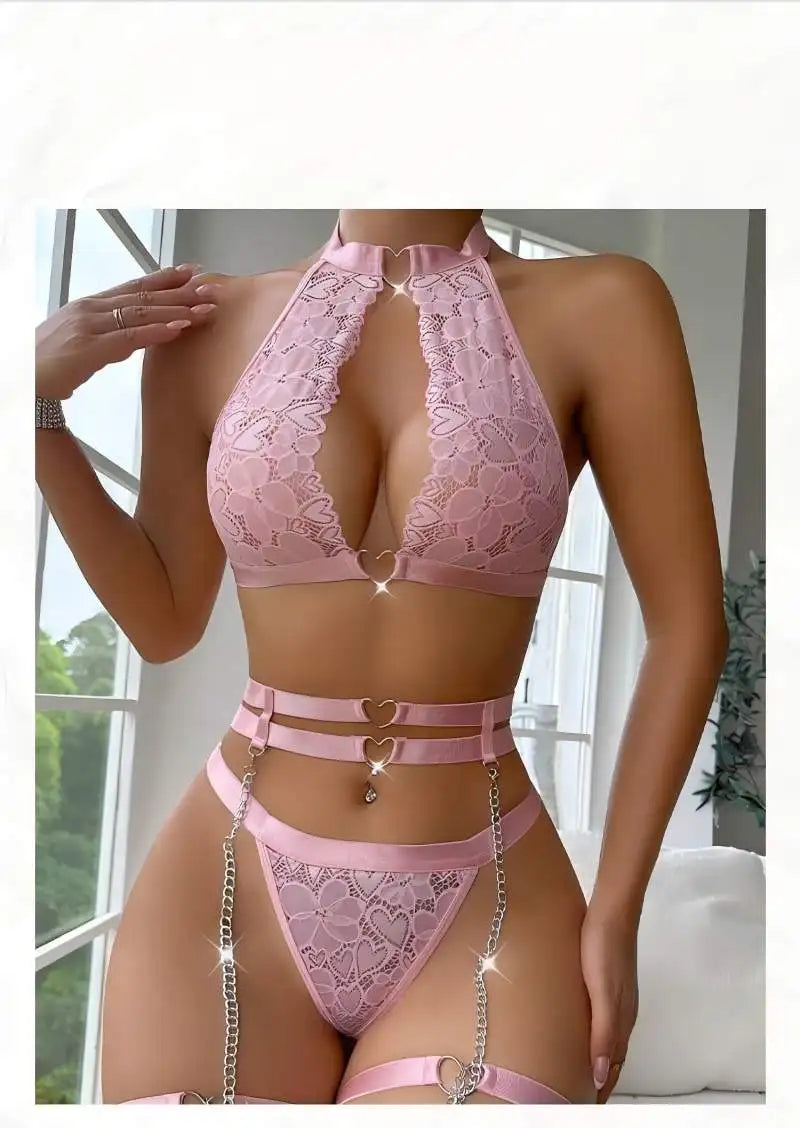 Sexy Lingerie Set Push Up Lace Garter Lingerie Set with Choker Women Intimates Underwire Bra and Thongs Ladies Underwear Set Khamik Shop Online