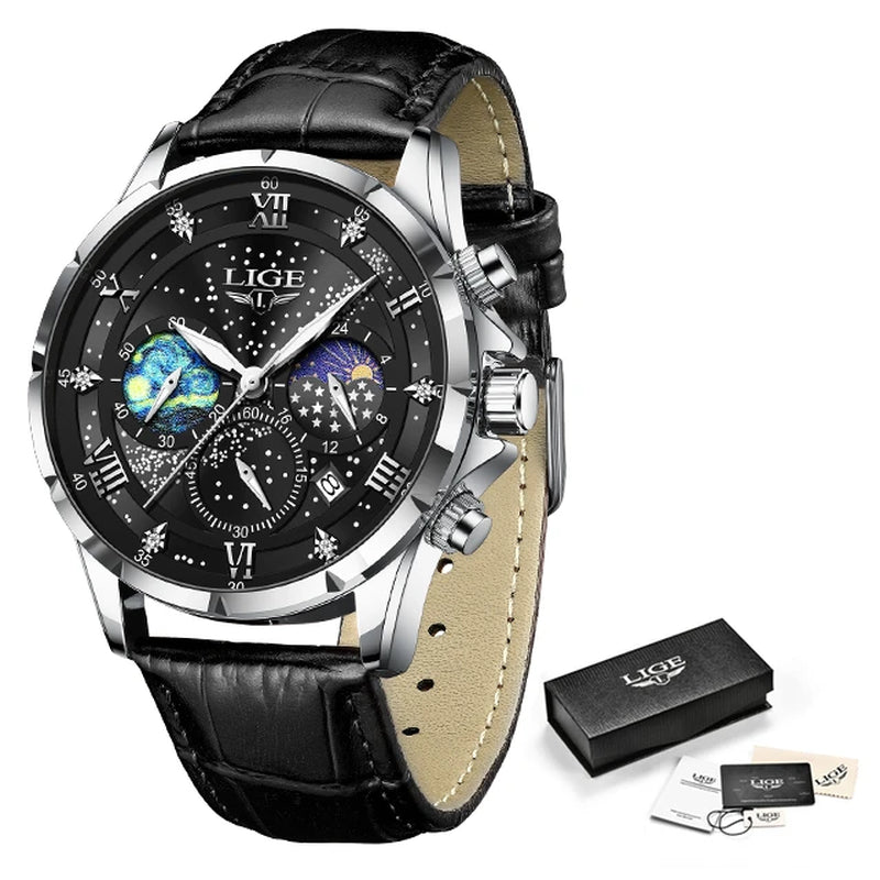 2024  Men'S Watch Luxury Waterproof Male Clock Moon Phase Date Casual Blue Leather Quartz Chronograph Men'S Wristwatch Reloj