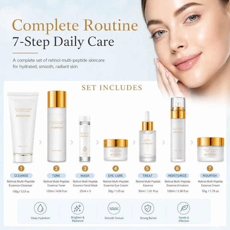 7PCS Retinol Multi-Peptide Skincare Set Hydrating Face Care Routine Gift Box Toner Cleanser Essence Cream Mask for Smooth Glow Khamik Shop Online