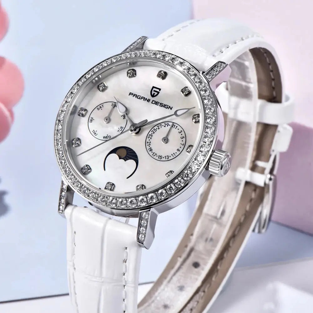 PAGANI DESIGN Women Quartz Watch Mop Dial Diamond Bezel Moon Phase Week Date Multi-function 50M Waterproof White Leather watch Khamik Shop Online