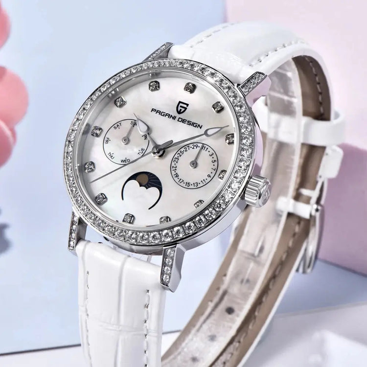 PAGANI DESIGN Women Quartz Watch Mop Dial Diamond Bezel Moon Phase Week Date Multi-function 50M Waterproof White Leather watch Khamik Shop Online