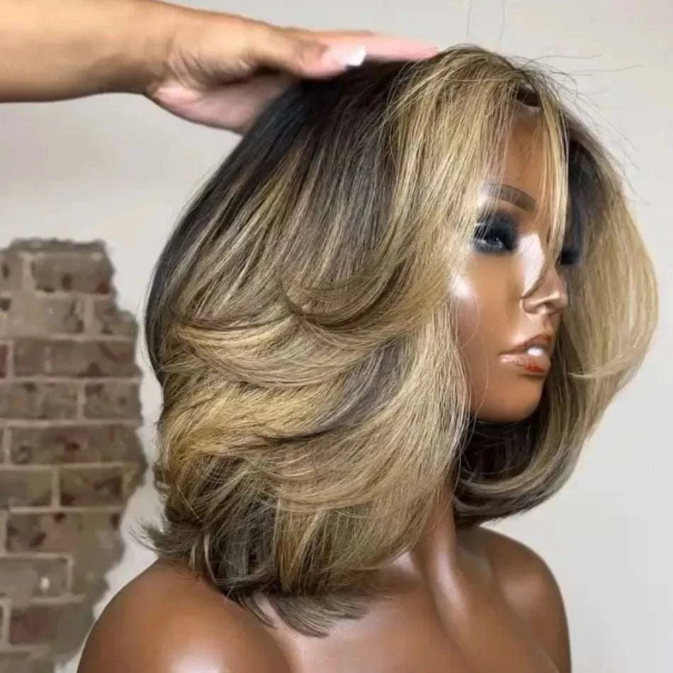 Bob Wig Human Hair Honey Blonde Highlights Layered Wig With Face-Framing Bangs Short 5X5 Hd Lace Closure Wigs For Women 12 Inch Khamik Shop Online