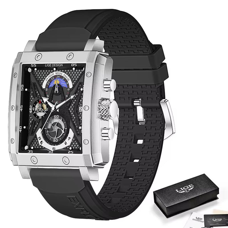 Big  Men'S Sports Chronograph Wrist Watch for Men Army Silicone Strap Square Quartz Stop Watch Clock Man Relogios Masculino