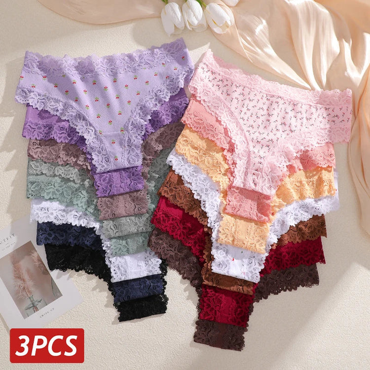 3Pcs Cotton Lace Patchwork Bikini Panties Women Seamless Floral Print Brazilian Pants Low Waist Breathable Female Sexy Lingerie Khamik Shop Online