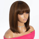 Lekker 12" Long Brown Pixie Cut Straight Bob 100% Human Hair Wigs With Bangs For Women Brazilian Remy Hair Glueless Colored Wig Khamik Shop Online
