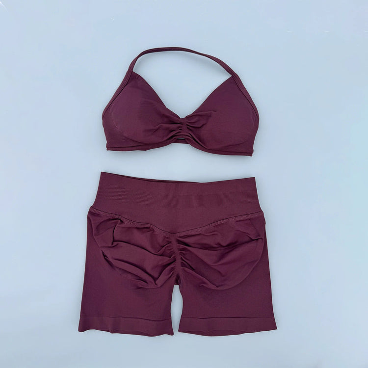 AURA SHARK Strappy Bra Gym Set Women High Support Thin Strap Seamless Halter Sports Scrunch Workout Yoga Set 2 Piece Khamik Shop Online