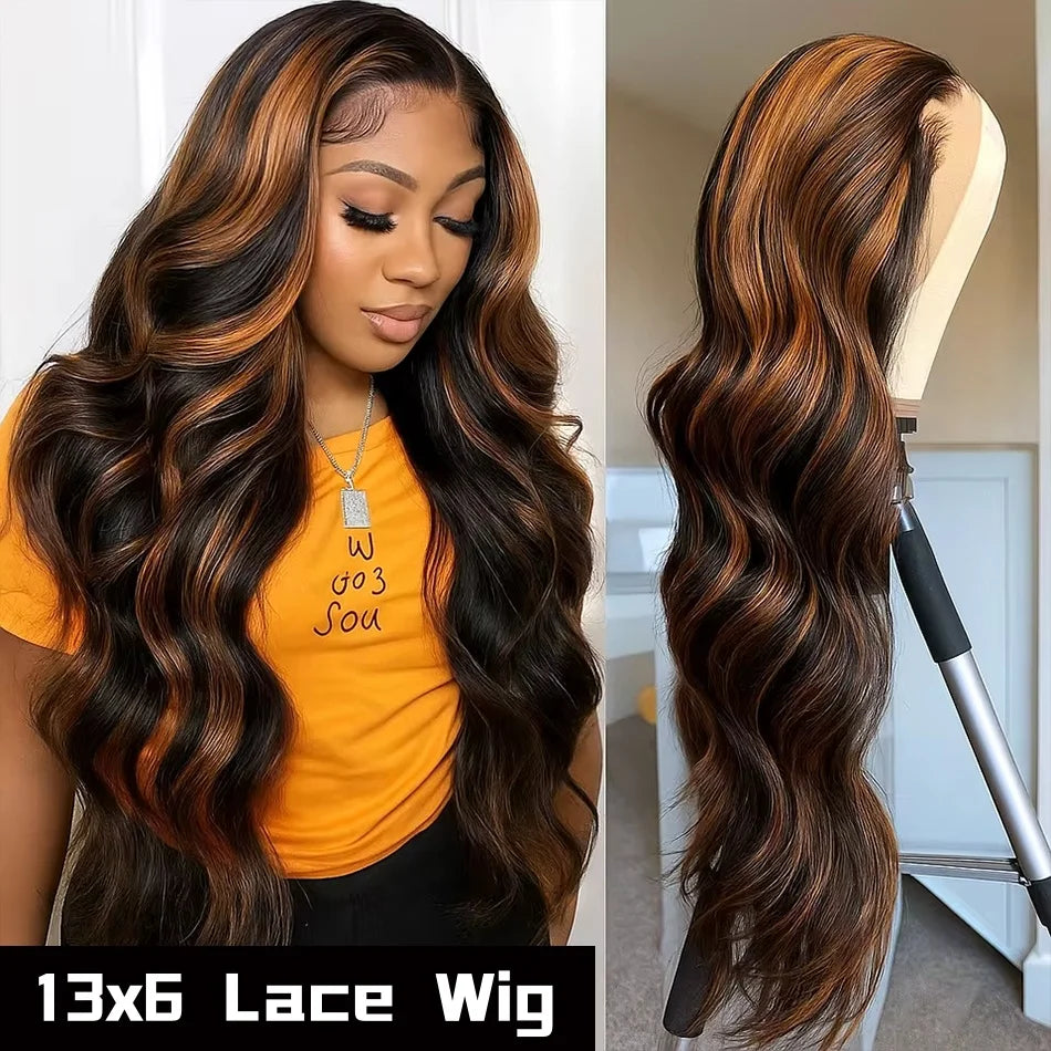 Highlight Body Wave 13x6 HD Omber Lace Front Human Hair Pre Plucked Wig 1B/30 Black Brown Colored Hair 13x4 HD Lace Frontal Wigs Khamik Shop Online