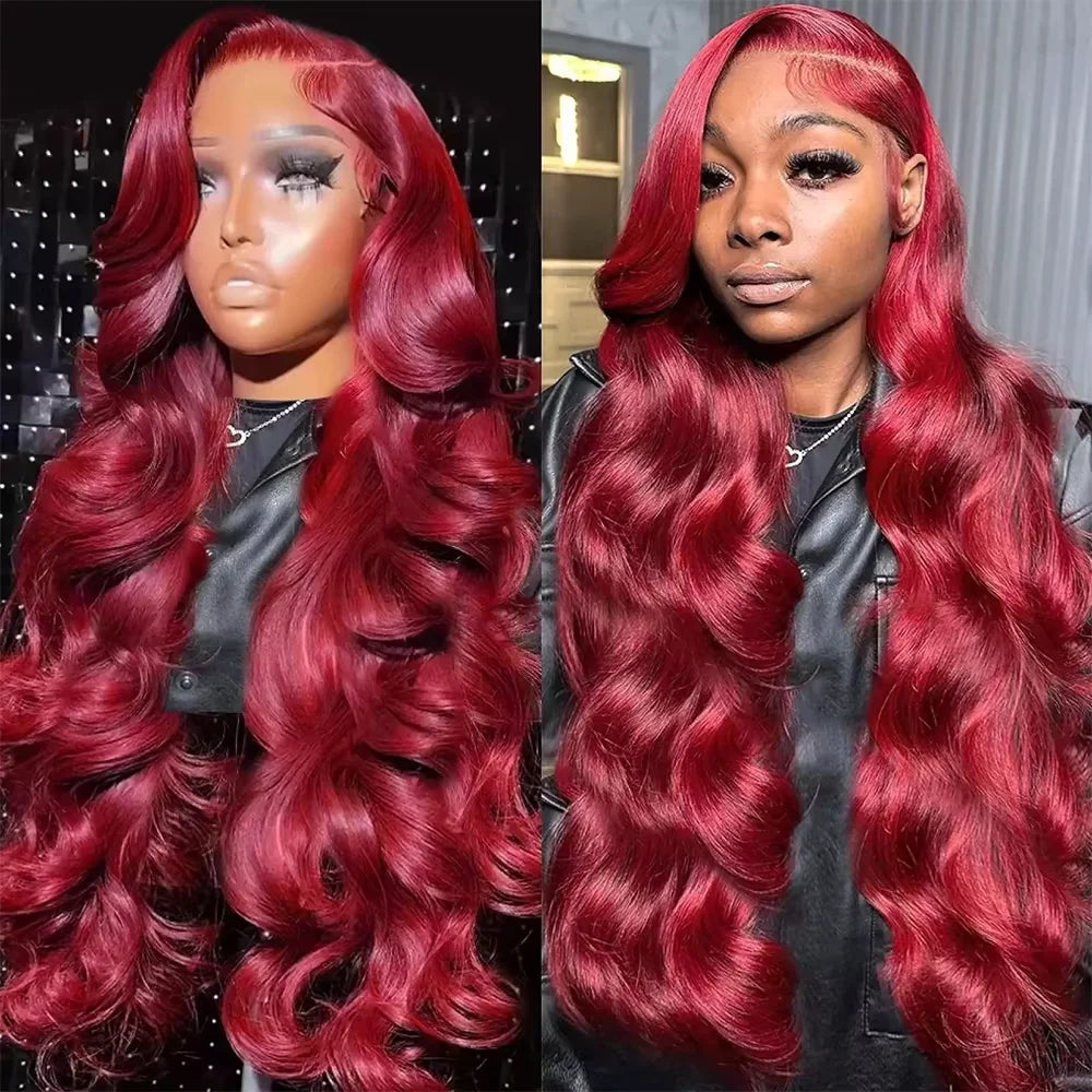 99J Burgundy Red 34 Inch Body Wave Lace Front Wigs 13x4 HD Transparent Human Hair Pre Plucked Dark Burgundy 99J Colored Wig 13x6 Lace  Wigs Pre-Plucked Body Wave Hairstyle For Women Khamik Shop Online