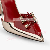 Gold Metal Rivets Splicing Stiletto Sandals Women Sexy Metallic Leather Ankle Strap Sandals Female Wedding Party Classy Footwear Khamik Shop Online