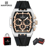 NAVIFORCE Mens Sport Watches 5ATM Waterproof Chronograph Tonneau Silicone Strap Luminous Casual Quartz Male Wristwatch Gifts box Khamik Shop Online