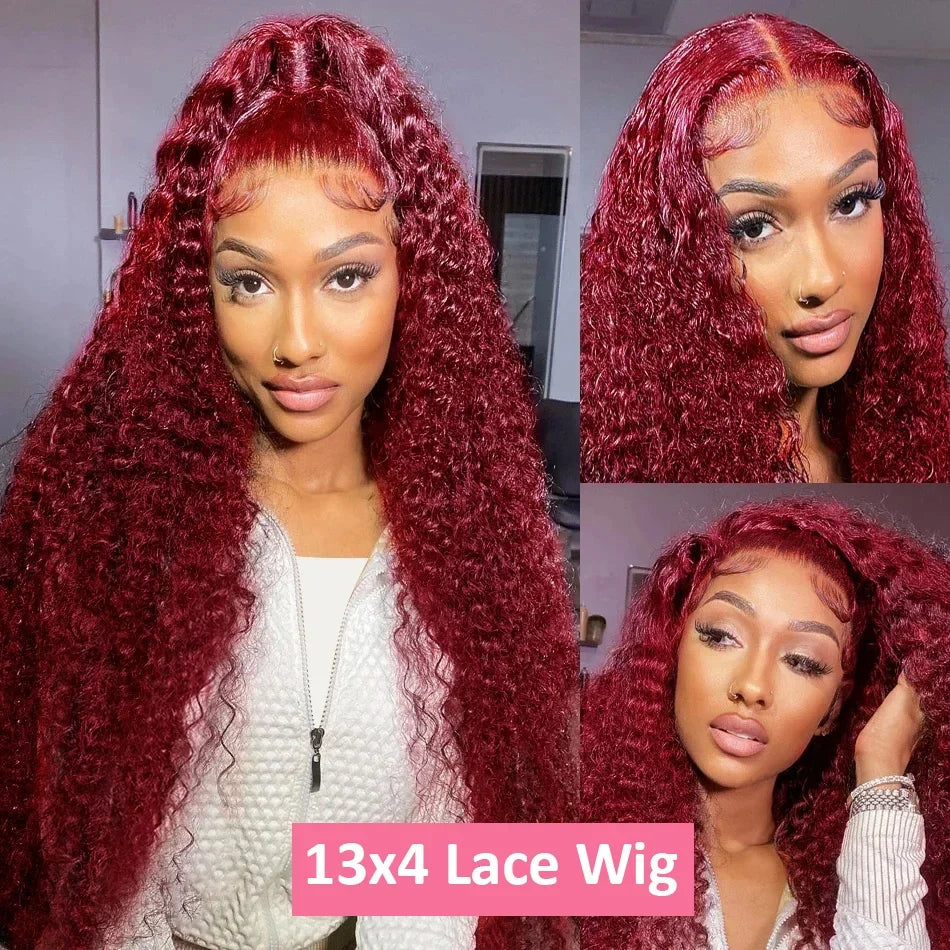 200 Density Burgundy Deep Wave Human Hair Wig 99J Colored 13x4 13x6 HD Water Curly Wave Full Lace Frontal Wigs For Women 46 Inch - Khamik Shop Online