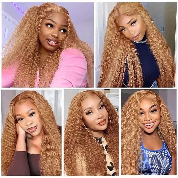 Honey Blonde Deep Wave Wigs Human Hair 13x6 HD Transparent Lace Frontal Wig 220% Density 27 Colored Curly Wigs For Women 36 Inch Khamik Shop Online