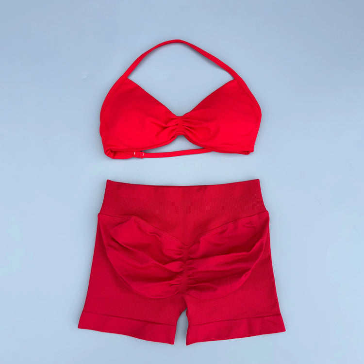AURA SHARK Strappy Bra Gym Set Women High Support Thin Strap Seamless Halter Sports Scrunch Workout Yoga Set 2 Piece Khamik Shop Online