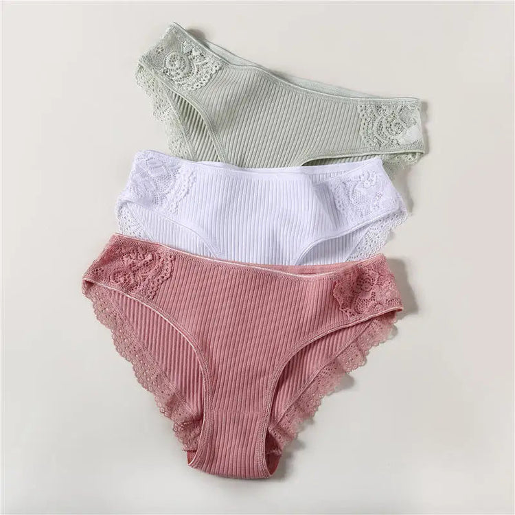 3PCS/Set 6 Color Women Panties Cotton Lace Briefs Solid Color for Female Striped Sexy Cotton Underwear Lingerie Low Waist Flower Khamik Shop Online