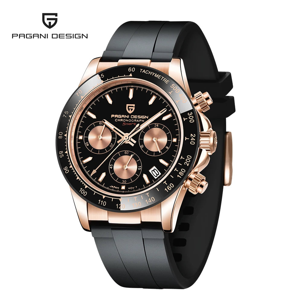 PAGANI DESIGN Men Quartz Chronograph Watch RoseGold Case Black Ceramic Bezel Brown Dial Rubber Strap Waterproof Sports watch+box Khamik Shop Online