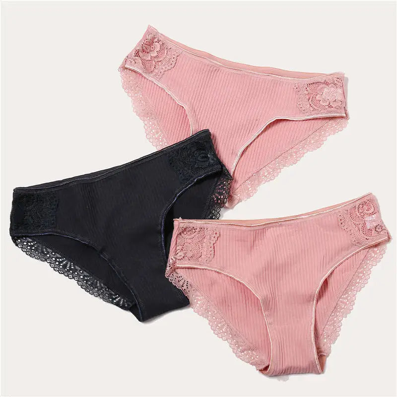 3PCS/Set 6 Color Women Panties Cotton Lace Briefs Solid Color for Female Striped Sexy Cotton Underwear Lingerie Low Waist Flower Khamik Shop Online