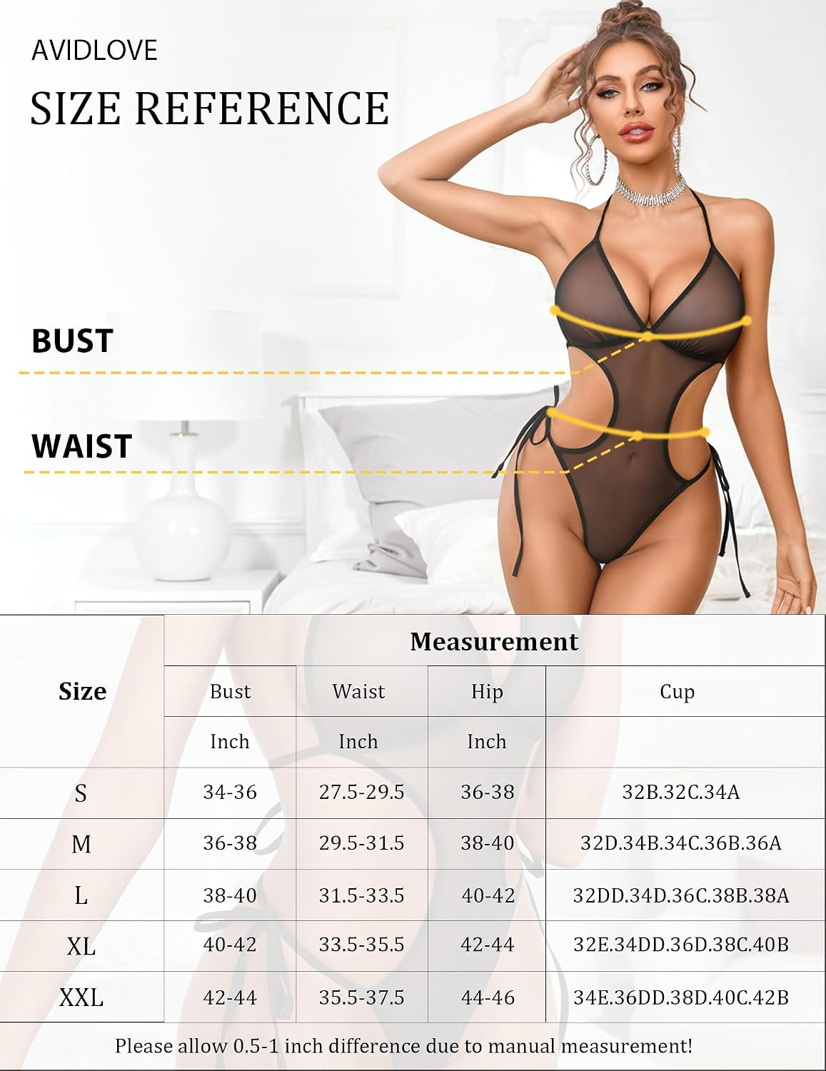 Sexy Lingerie for Women Lace Bodysuit Deep V Teddy Mesh Bodysuit