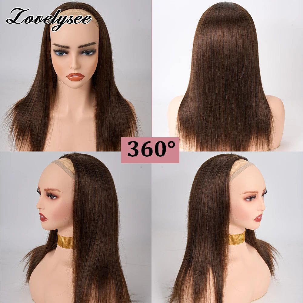 Lovelysee 3/4 Half Wig Human Hair With Clip in Hair Extensions Silky Straight Remy Hair Brown Color Soft 150% 180% Wig For Women Khamik Shop Online